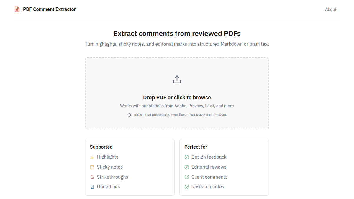 PDF Comment Extractor showing its local PDF upload area and supported annotation types